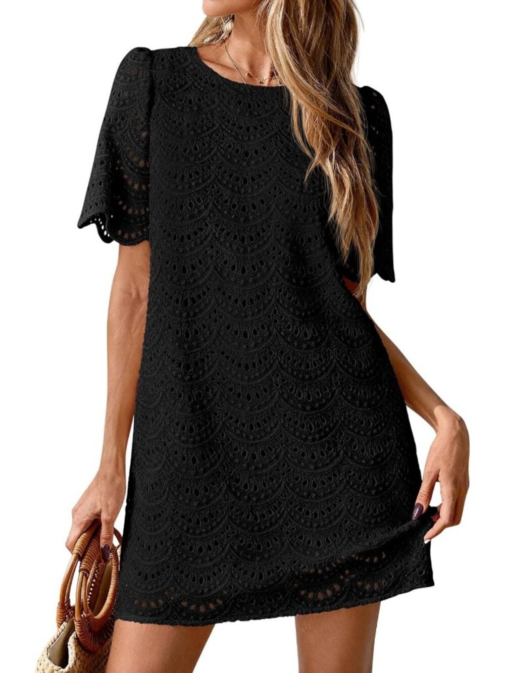 Chic Women's Summer Eyelet Lace Short Dress - Perfect for Parties & Casual